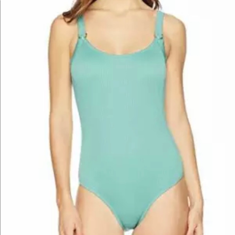 Mae Women's One Piece Ribbed Swim Suit XS NWOT Aqua Blue